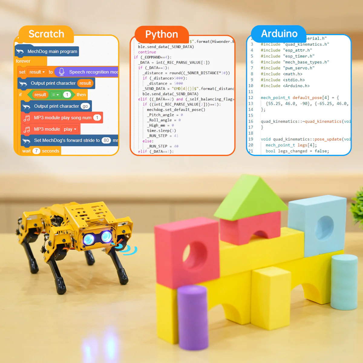 Programación del robot cuadrúpedo Hiwonder MechDog con Scratch, Python y Arduino